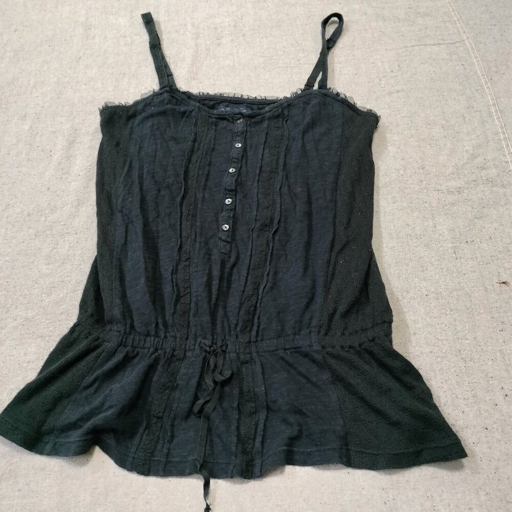 Y2K American Eagle Womens Tank Top Button Black S Peplum Button up Lace Pleated